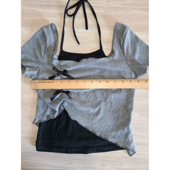 Shein Asymmetrical Cropped Top XS Gray Ribbed Knit Ruched Side Layered Look - Picture 5 of 5